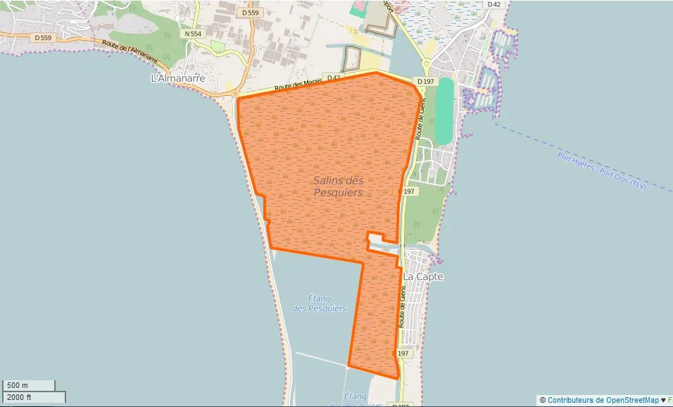 Carte du Salin des Pesquiers, sur la presqu'île de Giens, entre l'Almanarre et La Capte